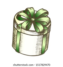 Gift Box Tall Round Shape With Ribbon Ink Vector. Birthday Anniversary Decoration Surprise Present Box. Elegance Container Engraving Mockup Hand Drawn In Vintage Style Color Illustration