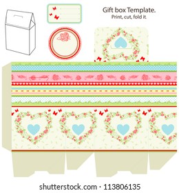 Gift box template. Abstract floral pattern with heart. Empty label.