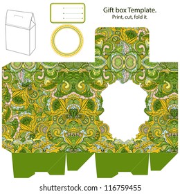 Gift box template. Abstract floral pattern. Empty label.