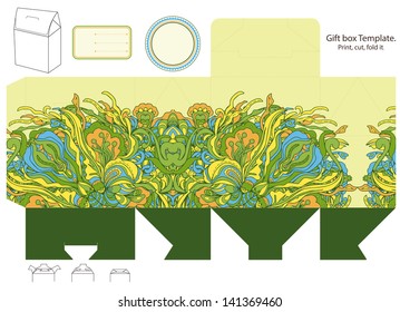 Gift box template. Abstract floral pattern. Empty label.