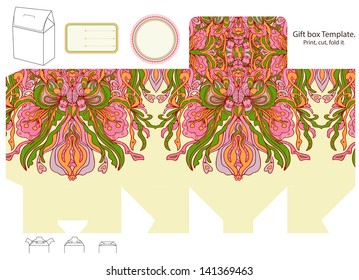 Gift box template. Abstract floral pattern. Empty label.