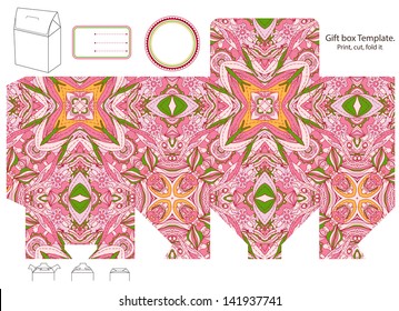 Gift box template. Abstract floral pattern. Empty label.