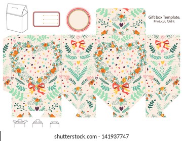 Gift box template. Abstract floral pattern with heart. Empty label.