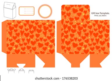 Gift box template. Abstract pattern with hearts. Empty label. 