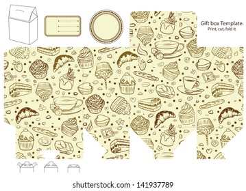 Gift box template. Cupcake, coffee, tea pattern. Empty label.