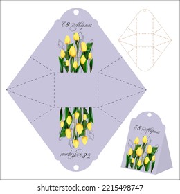 Plantilla de la caja de regalo. cortar y doblar. Aislado. Patrón del Día Internacional de la Mujer. Etiqueta en blanco. Un regalo del día de la madre. Flores de primavera
