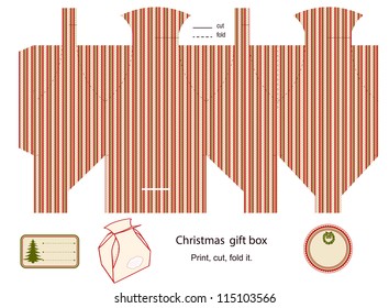 Gift box template isolated on white. Christmas pattern. Empty label.