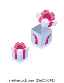 Gift box template open closed. Fashionable box with bright red ribbon tied magnificent bow. stock illustration