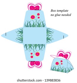 Gift box template with pink butterfly and flowers. No glue needed. Vector illustration.