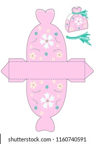 Gift box template for a princess girl. For (wedding, baby shower, birthday) with flower and beads, bow. Pink background. White and yellow flowers. A bow is turquoise.