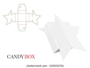 Gift Box Template, Vector with die cut  laser cut lines. Candy Birthday Box, Self Lock, Star Box. White, clear, blank, isolated  mock up on white background, perspective view. Packaging Design