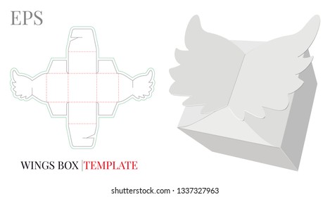 Gift Box Template, Vector with die cut / laser cut layer. Angel Wings Candy Box, Self Lock, Packaging Design. White, blank, isolated mock up on white background, perspective view, Packaging design