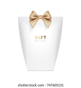 Gift Box template. Vector realistic white package mockup with gold bow for your design