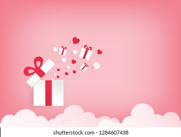 A gift box that open and has a gift box and hearts floating out on pink background, vector art and illustration of love and valentine, Paper cut and craft style.