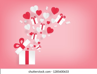 A gift box that open and has gift box ribbons and hearts floating out on pink background, vector art and illustration of love and valentine, Paper cut and craft style.