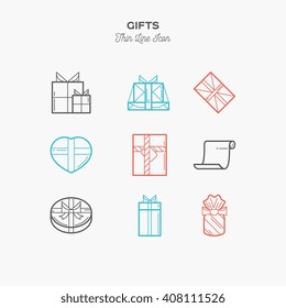 Gift, box, thin line color icons set, vector illustration