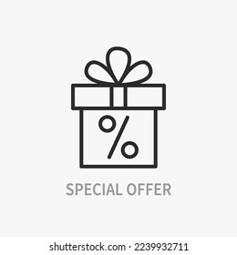 Gift box thin line icon, present package for Holidays, Birthday, Sale. Mobile apps. Promotional application. Special offer, Discount concept. Pictogram element.