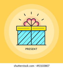 Gift box thin line icon. Color present sign symbol on yellow background. Vector illustration.