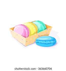 The gift box with three different colors and one blue lying next delicious macaroons, tasty treat vector illustration