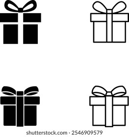Gift box with tied bow black silhouette vector icon outline isolated on square white background.