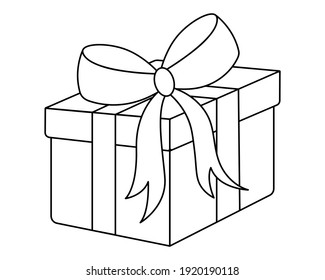 The gift in the box is tied with a bow. Sketch. Surprise box. Vector illustration. Isolated white background. Coloring book for children. Doodle style. Nice present. Delivery of holiday parcels.