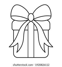 The gift in the box is tied with a bow. Sketch. Surprise box. Vector illustration. Isolated white background. Coloring book for children. Doodle style. Nice present. Delivery of holiday parcels. 