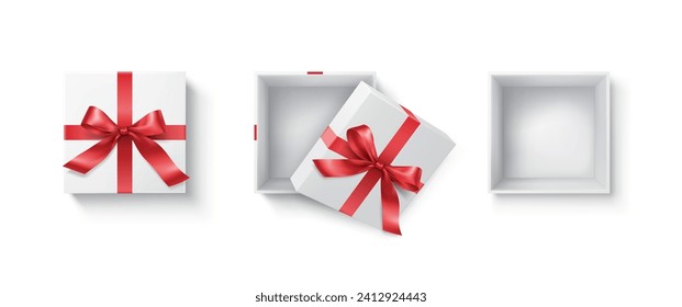 Gift box with tied bow variation realistic vector illustration set. Holiday event present containers with red ribbons 3d elements on white