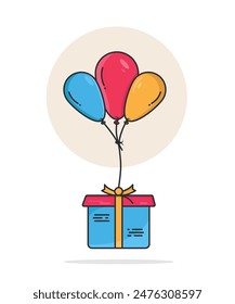 A Gift Box Tied with Three Colorful Balloons, Minimal Flat Illustration