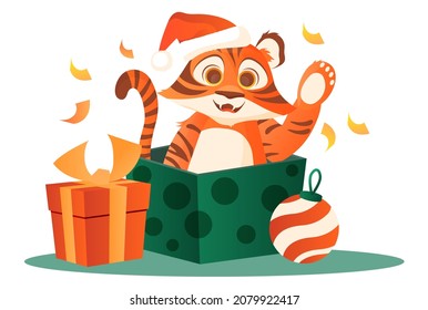 Gift box with tiger. Chinese New Year, Merry Christmas, greeting cards for childrens, postcard. Winter, December, January, gold confetti, ball, toy, present. Cartoon flat vector illustration