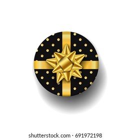 Gift box top view, gold ribbon bow. Isolated white background. Decoration present black gift box for holiday, Valentine celebration, birthday surprise. Package giftbox design Vector illustration