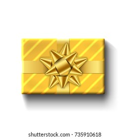 Gift box top view, gold ribbon bow. Isolated white background. Decoration present golden gift box for holiday, Valentine celebration, birthday surprise. Package giftbox design Vector illustration