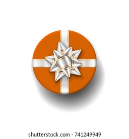 Gift box top view, isolated white background. Silver ribbon on orange giftbox. Present design bow for Christmas celebration, New Year holiday, gift box birthday decoration. Vector illustration
