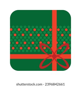 Gift box top view with Norwegian national holiday pattern in red and green colors. Gift box top view in handmade knitted ornate style. Simple flat vector isolated on white background