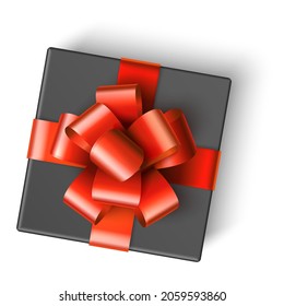 Gift box top view. Realistic festive black present