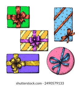 gift box top view set hand drawn. open birthday, paper sale, celebration christmas gift box top view vector sketch. isolated color illustration