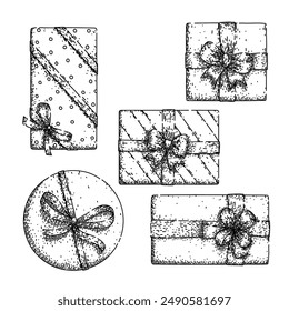 gift box top view set hand drawn. open birthday, paper sale, celebration christmas gift box top view vector sketch. isolated black illustration