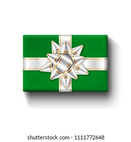 Gift box top view, silver ribbon bow. Isolated white background. Decoration present green gift box for holiday, Valentine celebration, birthday surprise. Package giftbox design Vector illustration