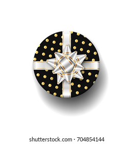 Gift box top view, silver ribbon bow. Isolated white background. Decoration present black gift box for holiday, Valentine celebration, birthday surprise. Package giftbox design Vector illustration