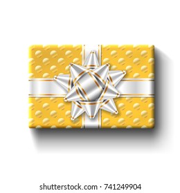 Gift box top view, silver ribbon bow. Isolated white background. Decoration present gold gift box for holiday, Valentine celebration, birthday surprise. Package giftbox design Vector illustration