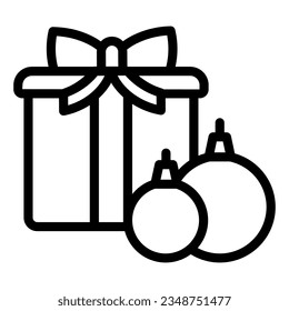 Gift Box with toy ball line icon, Winter season concept, Christmas composition sign on white background, New Year present and tree toys in outline for mobile. Vector graphics.