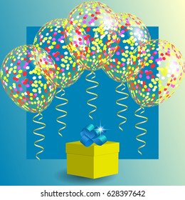 Gift box and transparent balloons with spangles, confetti and streamers. Background for Christmas, Holiday and Birthday. Vector illustration EPS10