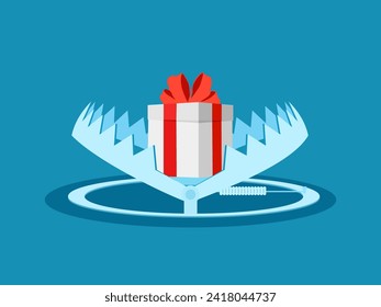 Caja de regalo en una trampa. Concepto de engaño o engaño