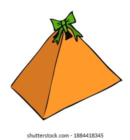 Gift box triangular. Pyramid. Tied with a ribbon with a bow on top. Colored isolated object with a dark outline. 