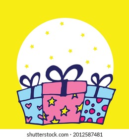 Gift Box Trio Vector: Elevate your festive designs with this enchanting illustration. Three gift boxes adorned with bows, yellow stars, and a white circle create a cheerful and celebratory atmosphere