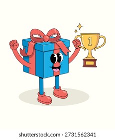 gift box trophy groovy cartoon illustration