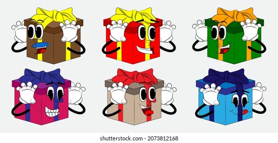 Gift Box with is trying to scare you as a cartoon character. Holiday, Celebration surprise with happy face emotion.