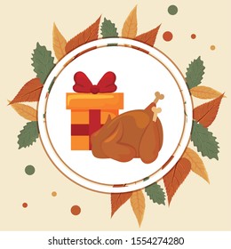 gift box with turkey roasted and autumn leaves of background vector illustration design