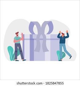 Casilla de regalo, dos hombres felices con un gran regalo en medio, hombres con una caja grande decorada con una ilustración de un vector de cinta para el sitio web