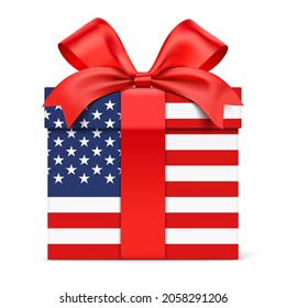 Gift box with USA flag wrapping, isolated on white background. Patriotic present with US flag print, vector illustration.