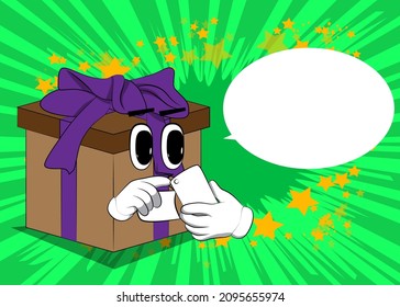 Caja de regalo con un teléfono móvil como personaje de dibujos animados. Festividad, sorpresa de la celebración con alegre emoción facial.